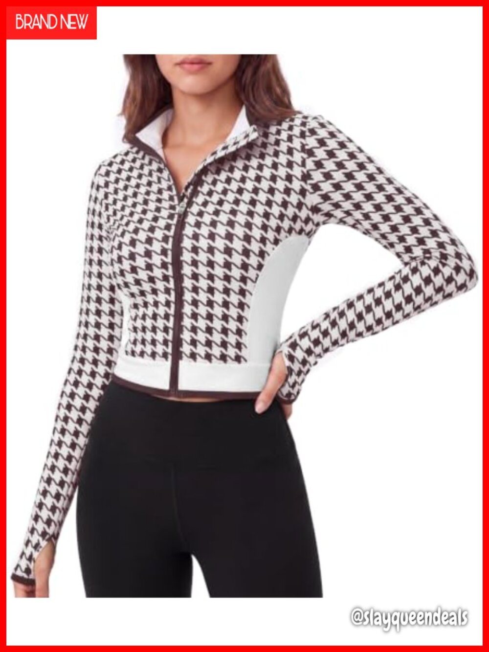 Houndstooth Crop Workout Jacket Full Zip Thumb Holes Long Sleeve Athletic